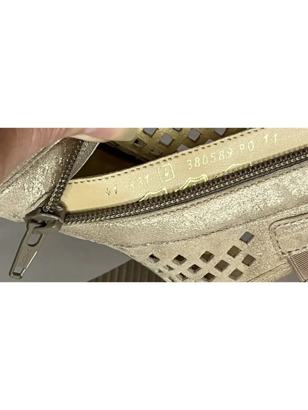 Gabor Metallic Tan Gold Open Toe Pierced Leather Pump US 6.5, UK 4